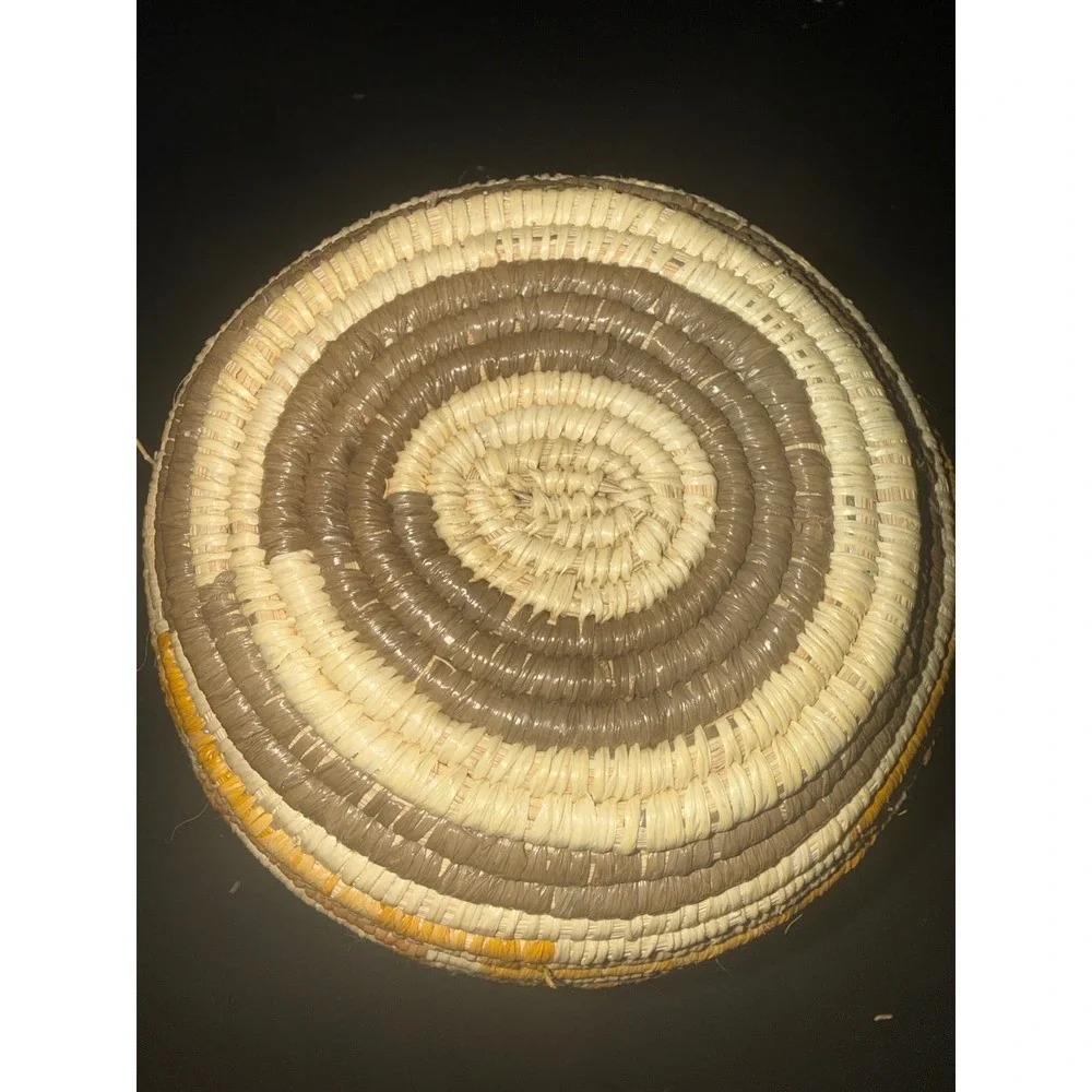 Hand Woven Coiled Basket Small Geometric Tribal Decorative Bowl Cream Brown 3.5